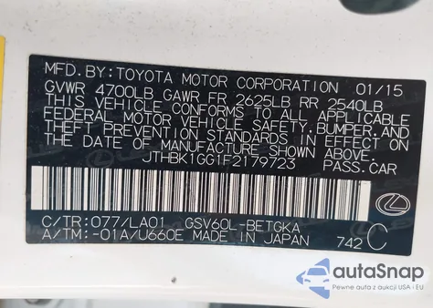 2015 Lexus Es 350 from USA, damaged, VIN JTHBK1GG1F2179723